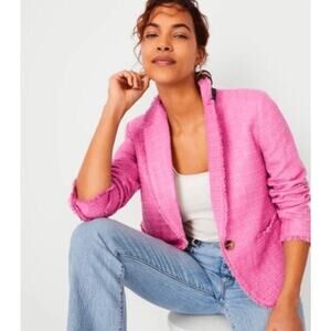 Ann Taylor Newbury Tweed Blazer Size 4 Pink Fringe Trim Coquette Academia
